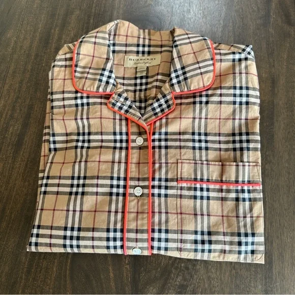 Burberry Tan Plaid Button-Up Shirt with Pink Trim Detail - Picture 9 of 13